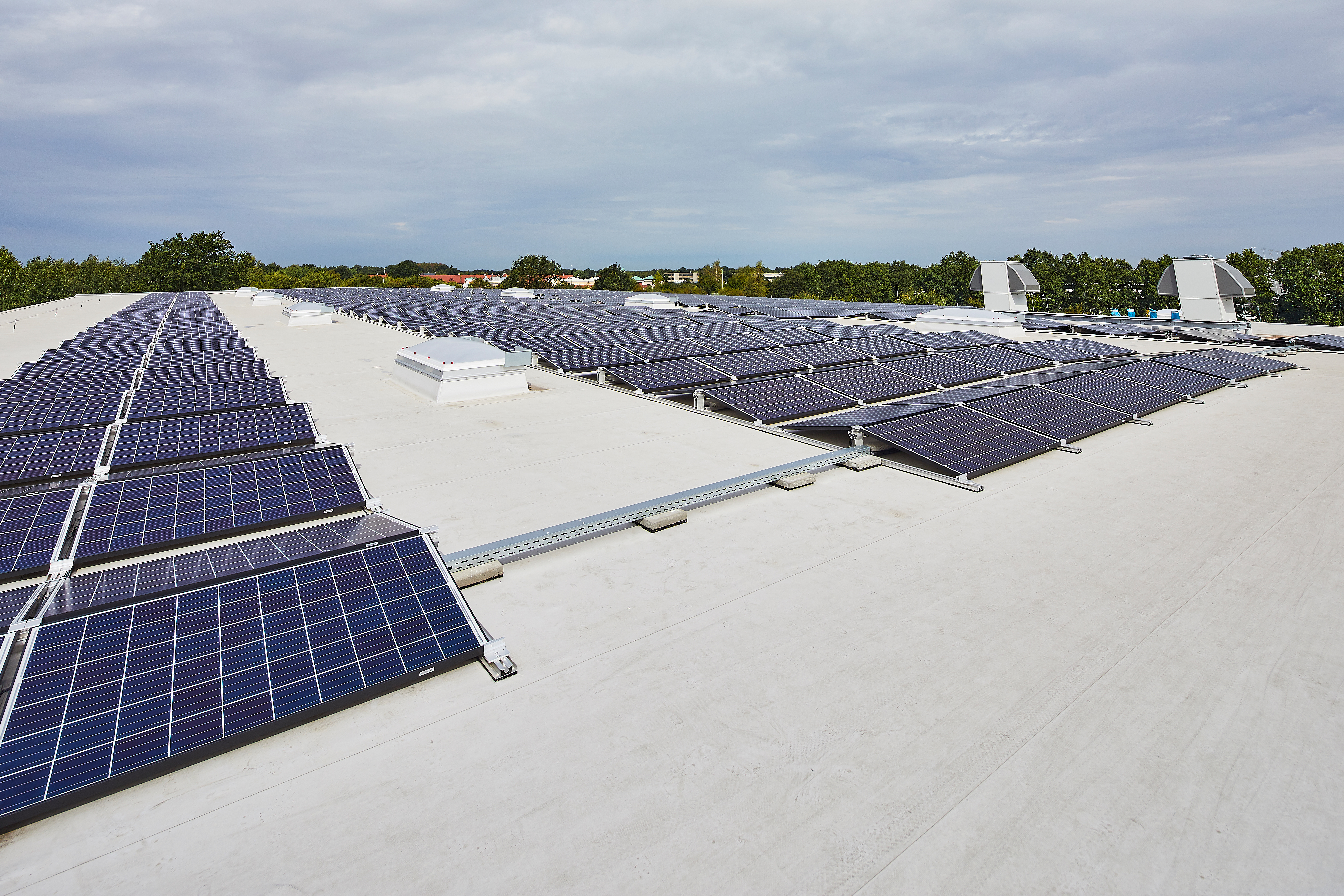 Solar panels mounted on a flat roof